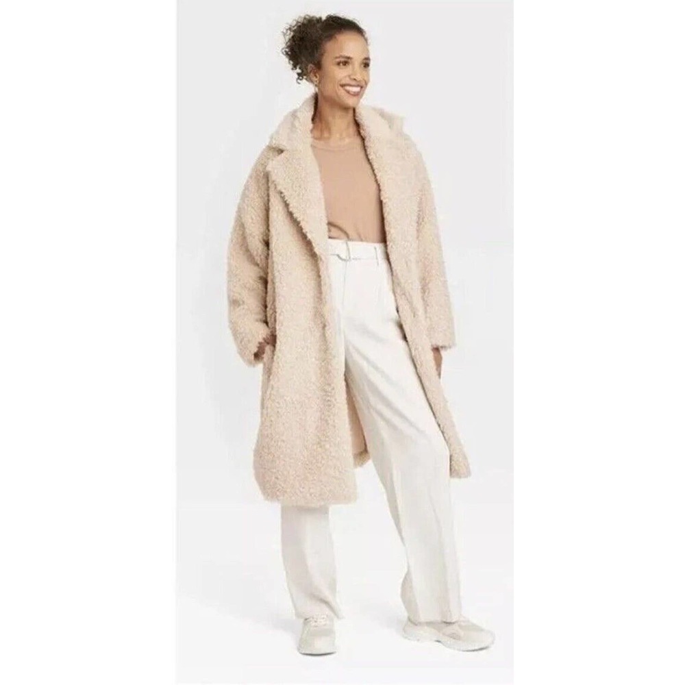 A New Day Teddy Bear Long Beige Coat Women’s Small NWT